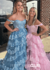 Myra | A Line Lace Appliques Light Pink Sequin Long Prom Dress - Price #price_variant_lowest# - Light Blue - PromDressClub